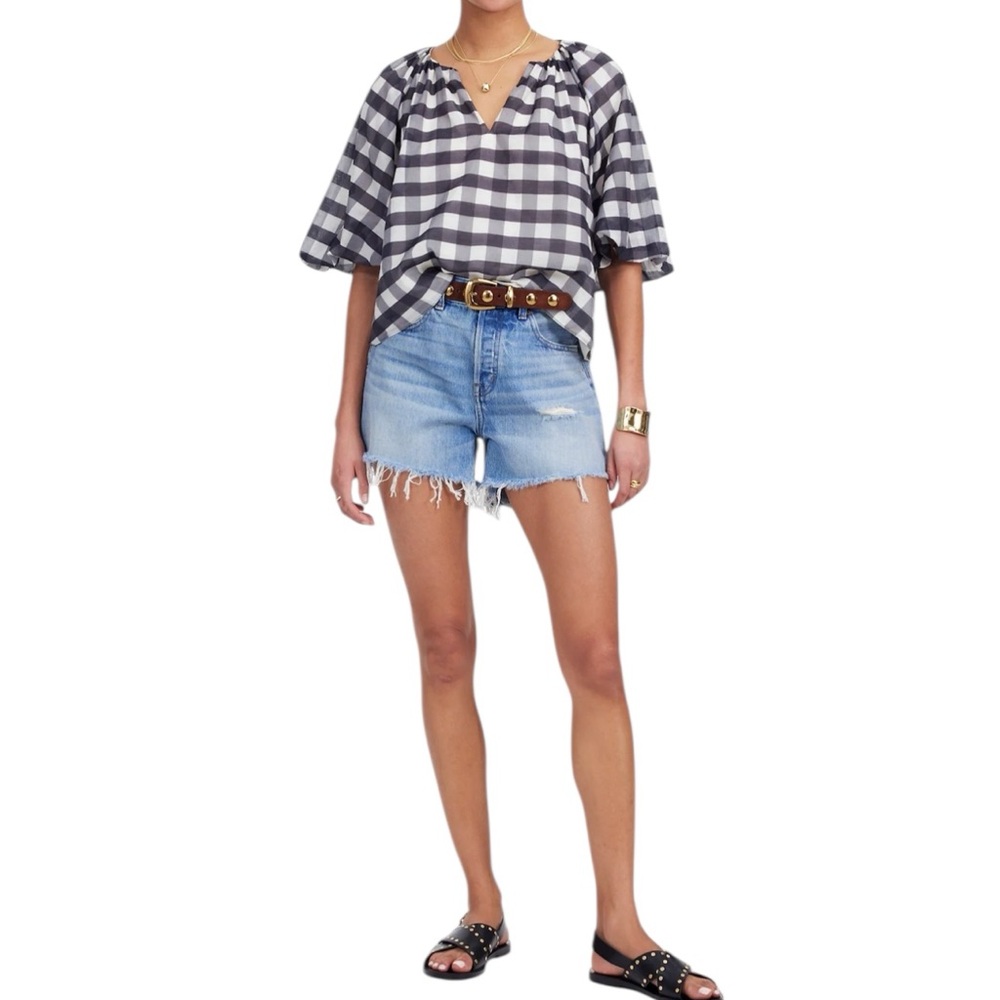 Madewell Bubble-Sleeve Top in True Black Gingham